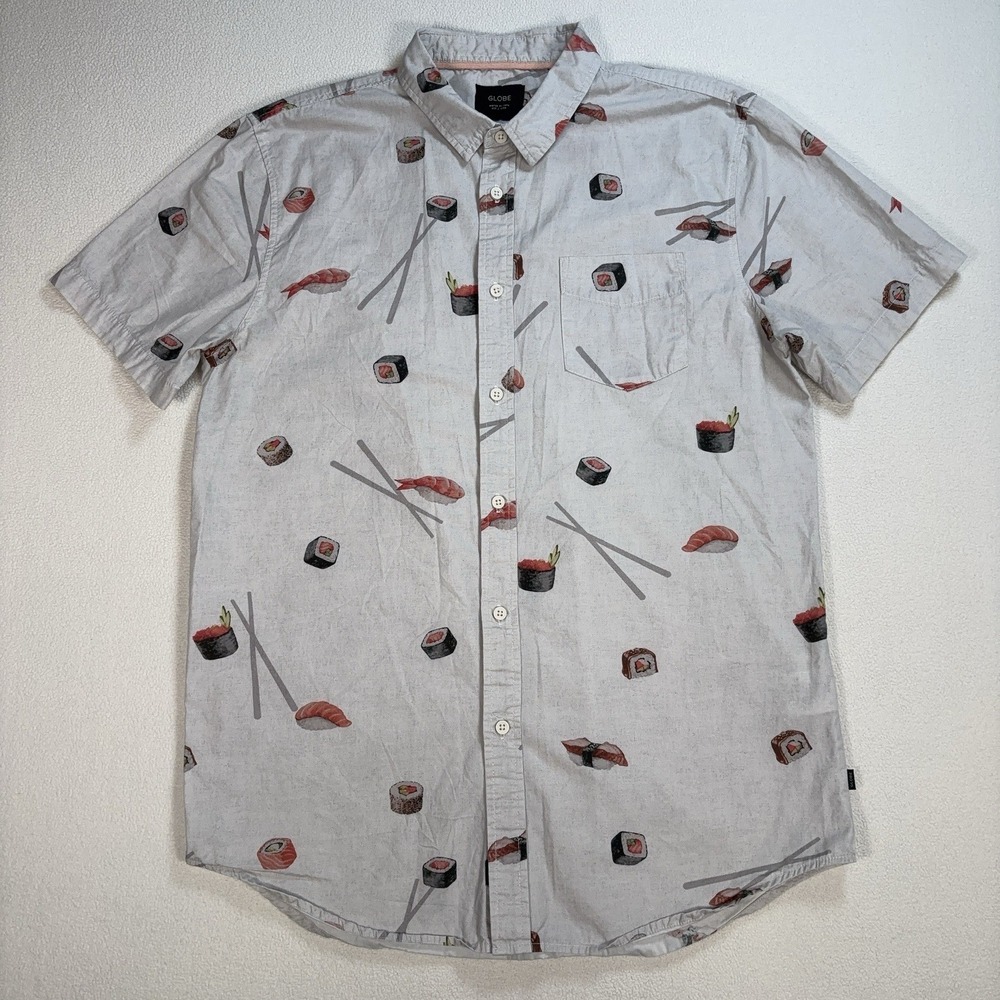 Globe Sushi Shirt Men's L Light Gray United by Fate 100% Cotton Pocket Button Up